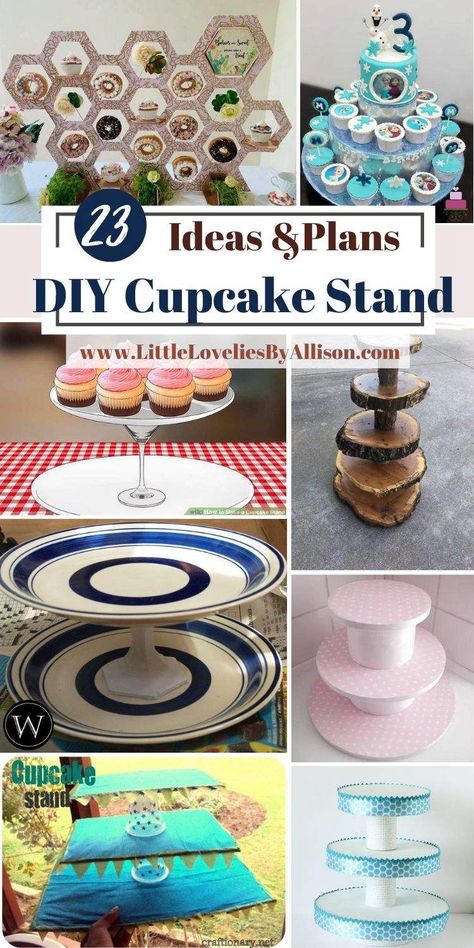 23 DIY Cupcake Stand: How To Make A Cupcake Tower Cupcake Holder Ideas Display, Creative Cupcake Display, Ways To Display Cupcakes At Wedding, Cupcake Serving Ideas, Cupcake Tiers Stand Display Ideas, Cupcake Tower Wedding Diy, Wedding Cupcake Display Diy, Graduation Cupcake Display Ideas Diy, Cupcake Centerpiece Ideas