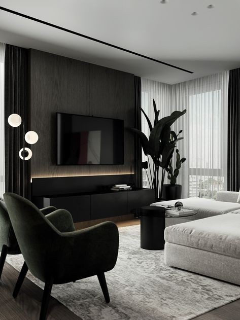 Black Furniture Interior Design, Dark Apartment Living Room, Modern Dark Living Room, Dark Modern Living Room, Behance Interior, Dark Wood Living Room, Ruang Tv, Dark Living Rooms, Interior Design Per La Casa