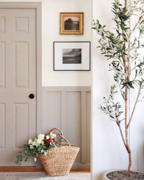 30 Farmhouse Half Wall Paneling Ideas to Enhance Your Home Dark Wainscoting Hallway, Light Gray Wainscoting, Beige Wainscoting White Walls, Light Hallway Ideas, Tall Wainscoting Ideas, Hallway Shiplap, Hallway 2023, Half Wall Paneling Ideas, Half Wall Paneling