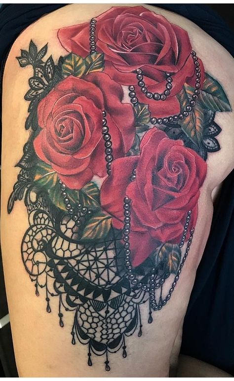 Lace Rose Tattoos, Lace Flower Tattoos, Traditional Tattoo Prints, Flower Thigh Tattoos, Red Rose Tattoo, Rose Tattoos For Women, Tattoos For Women Flowers, Tattoos For Women Half Sleeve, Full Body Tattoo