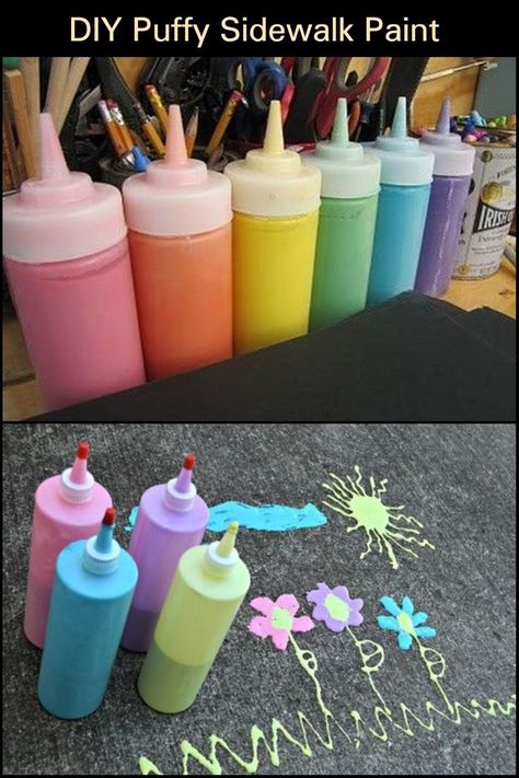 For more creative and fun crafting projects you can do with your kids, try this DIY puffy sidewalk paint. Puffy Sidewalk Paint, Sidewalk Paint, School Glue, Squeeze Bottles, Food Coloring, Fun Projects, The Kids, Small Bags, Light Box