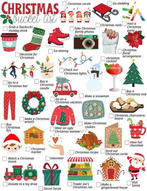 christmas bucket list Bucket List Christmas, Holiday Drinks Christmas, Christmas Ice Skates, Christmas Bucket List, Christmas Bucket, Christmas Experiences, Make A Snowman, Christmas Wear, Starbucks Christmas