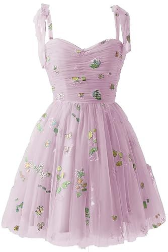 Homecoming Dresses Puffy, Tea Length Prom Dress, Homecoming Dresses For Teens, Beach Bridesmaid Dresses, Embroidery Tulle, Tulle Embroidery, Green Homecoming Dresses, Bridesmaid Dresses With Sleeves, Floral Prom Dresses