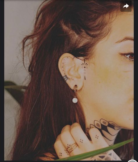 Ornamental Tattoo Behind Ear, Edgy Ear Tattoo, Decorative Ear Tattoo, Dot Ear Tattoo, Ear Cuff Tattoo Ideas, Dot Work Ear Tattoo, Micro Ear Tattoo, Moon Ear Tattoo Inner, Ear Dot Tattoo