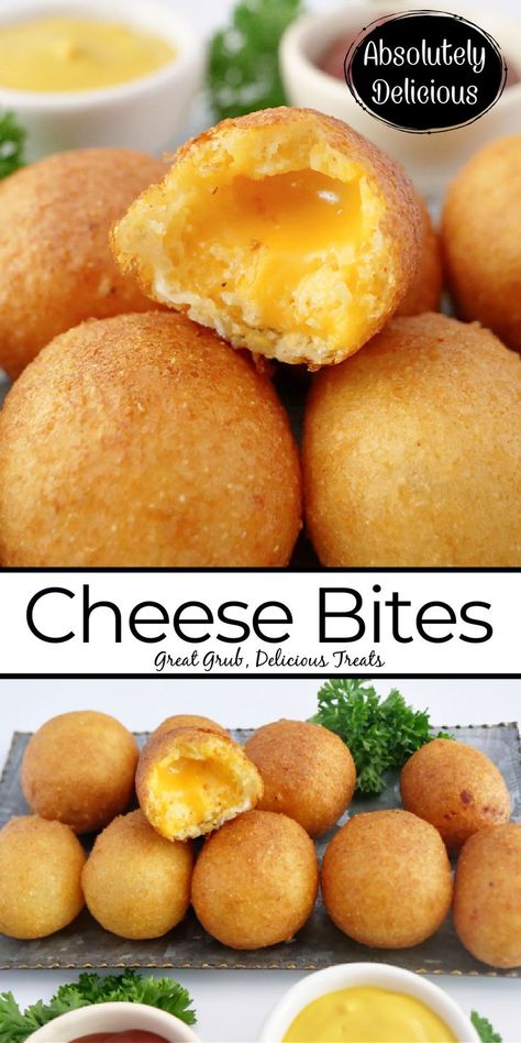 A double photo of perfectly fried bites. Corn Dog Batter Recipe, Corndog Batter Recipe, Corndog Batter, Fried Cheese Balls Recipe, Corn Dog Bites Recipe, Corn Dog Bites, Babycakes Recipes, Fried Cheese Bites, Corn Dog Batter