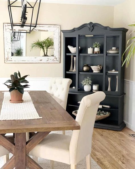 Black Dining Room China Cabinet - Soul & Lane China Cabinet With Wallpaper, Cabinet With Wallpaper, Dining Room China Cabinet, China Cabinet Ideas, Black China Cabinet, Black Hutch, Light Wood Dining Table, White Dining Set, Dining Room Corner