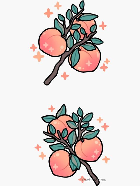 "peaches" Sticker by freshbobatae | Redbubble Peach Stickers Aesthetic, Cute Sticker Art, Cute Fruit Art, Peaches Drawing, Apricot Illustration, Cute Fruit Drawings, Peach Doodle, Peaches Aesthetic, Kawaii Peach