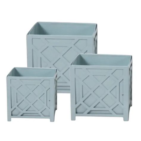 The Enchanted Home Fretwork Planter in Pale Blue with Removable Liner Planter Box Designs, Mood 2024, Chippendale Design, Obelisk Trellis, Showroom Ideas, Boxwood Balls, Wooden Objects, Decor Objects, Blue Planter