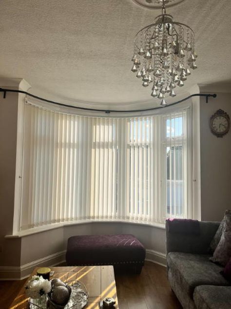 Curved bay window curtain pole by S P Harrison Curved Bay Window Ideas Living Room, Round Bay Window Ideas Living Room, Curved Bay Window Ideas, Bay Window Ideas Bedroom Small Spaces, Rounded Window Curtains, Curtain Ideas For Bay Windows, Bow Window Blinds, Curved Bay Window, Bay Window Curtain Ideas