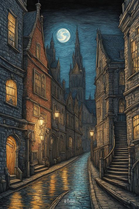 A Nightscape of a Gothic City Inspired by Edinburgh Gothic City, Gothic Cathedral, Witchy Wallpaper, Cathedral City, Gothic Design, City Illustration, Gothic Architecture, Night Art, Ancient Architecture