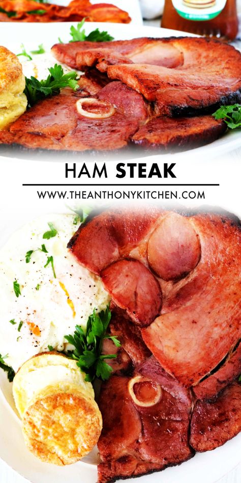 Three ingredients and 15 minutes is all you need to make the perfect Ham Steak Recipe! Great for easy Country-style breakfasts and quick-cooking dinners! Serve up this easy ham recipe for a gluten, free hearty breakfast entree, or an easy quick-fix dinner idea even the kids will love! They get a double dose of extra smoky, porky flavor thanks to a quick pan-sear in bacon grease, followed up with the brush of maple glaze, and it's time to eat! Ham Steak Dinner Ideas, Brown Potato Recipes, Ham Steak Dinner, Easy Ham Recipes, Perfect Ham, Cook Ham, Ham Steak Recipes, Fried Ham, Ham Steak