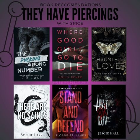 book recommendations where the mc's are pierced. one of my favorite micro tropes is when he gives her a piercing. idk what it is about it, but it hits every time. do you like the piercing trope? the pucking wrong series @crjaneauthor where good girls go to die @authorhollyrenee haunted love @sheridan.anne.author there are no saints @sophie_lark_author stand and defend @sloanestjames that sik luv @jescie.hall #tropetuesday #tropes #bookrecommendations #bookseries #booksofinstagram ... Sophie Lark Reading Order, The Pucking Wrong Date, Touch Her And Die Books, There Are No Saints Sophie Lark, Books Tropes, There Are No Saints, Sophie Lark, Booktok Books, Tbr Pile