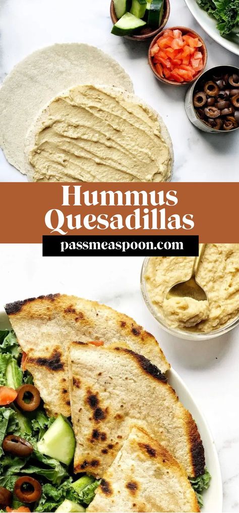 This vegan quesadilla recipe is made with your favorite hummus stuffed in between two gluten free tortillas, piled high with your favorite veggies and is the perfect plant based lunch or dinner option for a quick meal! Recipes Using Hummus Meals, Hummus Meal Ideas, Recipes With Hummus, What To Eat With Hummus, Hummus Dinner, Hummus Quesadilla, Vegan Hummus Wrap, Hummus Lunch, Hummus Wraps