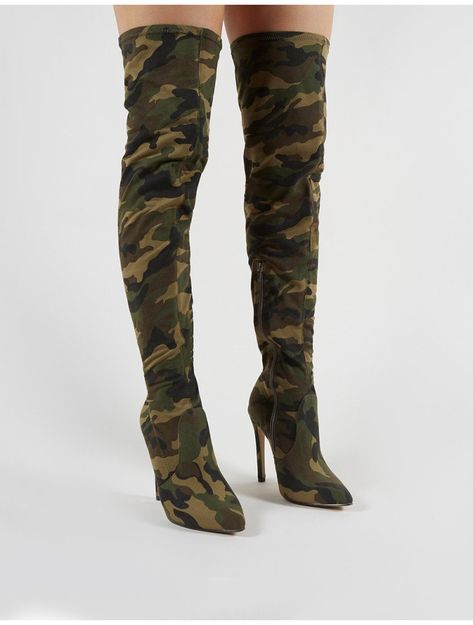 Ruthless Over the Knee Boots in Camo Print | Public Desire | Public Desire US Camo Boots Outfit, Camo Heels, Luxurious Shoes, Over The Knee Boot Outfit, Boots Thigh High, Camo Boots, Knee Boots Outfit, High Boots Outfit, Public Desire