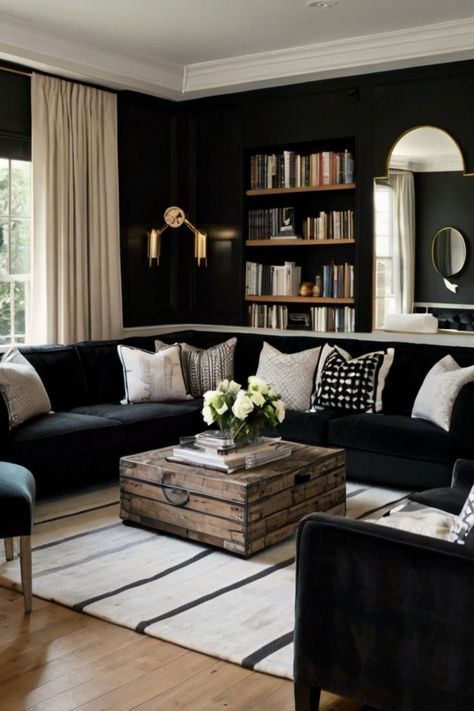 Best Cushion  for sofas Black Sofa With Cushions, Black Corner Sofa Living Room Decor, Black Sofa White Walls, Black And White Front Room, Black Sofa Cushion Ideas, Sofa Cushion Ideas, Black Sofa Cushion, Modern Black Sofa, Black Modern Sofa