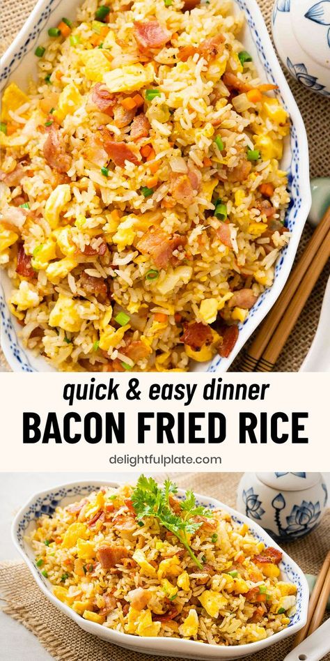 a plate of bacon fried rice with eggs and diced veggies Bacon Fried Rice Recipe, Potluck Party Food, Bacon Fried Rice, Easy Bacon Recipes, Bacon Dinner, Risotto Dishes, Fried Rice Recipe Easy, Fried Rice With Egg, Kitchen Staples