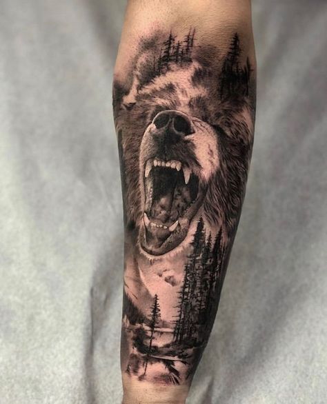 Tattoos Outdoors Tattoo For Men, Forearm Tattoo Men Sleeve, Tattoo Men Sleeve, Bear Tattoo Ideas, Black Bear Tattoo, Grizzly Bear Tattoos, Wildlife Tattoo, Bear Tattoo Designs, Animal Sleeve Tattoo