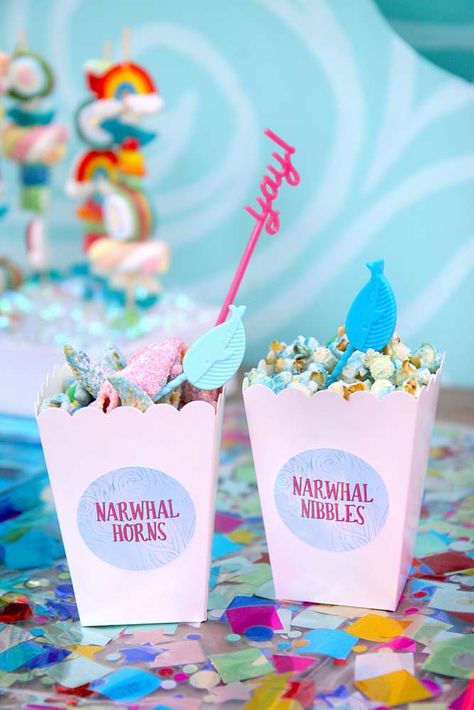 Let's Party Like Narwhals! | CatchMyParty.com Narwhal Birthday Party, Preteen Birthday, Narwhal Party, Dolphin Party, Circus Invitations, Watercolor Waves, Sleepover Invitations, 1st Birthday Balloons, Fairy Garden Birthday Party