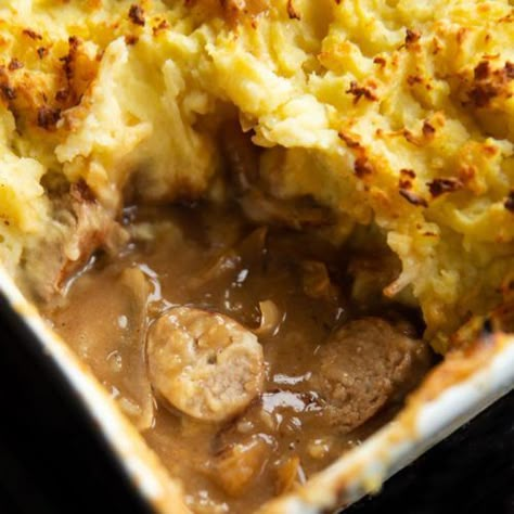 Sausage and Mash Pie | Don't Go Bacon My Heart Sausage Cottage Pie, Sausage And Mash Bake, Sausage Mash Onion Gravy, Bangers And Mash Pie, Sausage And Mashed Potatoes Recipes, Mash Potato Pie, Sausage And Mash Pie, Parmesan Parsnips, Sausage Casserole Dinners