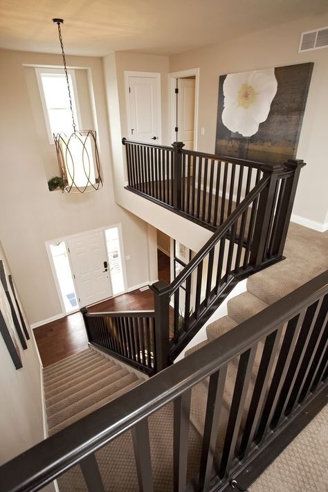 Entry way stairs Banister Ideas, Stair Railing Makeover, Painted Staircases, Stair Banister, Iron Stair Railing, Pulte Homes, Staircase Remodel, Staircase Makeover, Stair Remodel