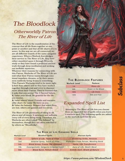 Download the Free printer-friendly PDF for the River of Life Patron "Bloodlock" here:
https://www.patreon.com/posts/warlock-subclass-72740651 Warlock Patrons 5e, Warlock 5e, Warlock Dnd, River Of Life, Blood Mage, Dnd Stories, D D Classes, Dnd Classes, Dungeons And Dragons Classes