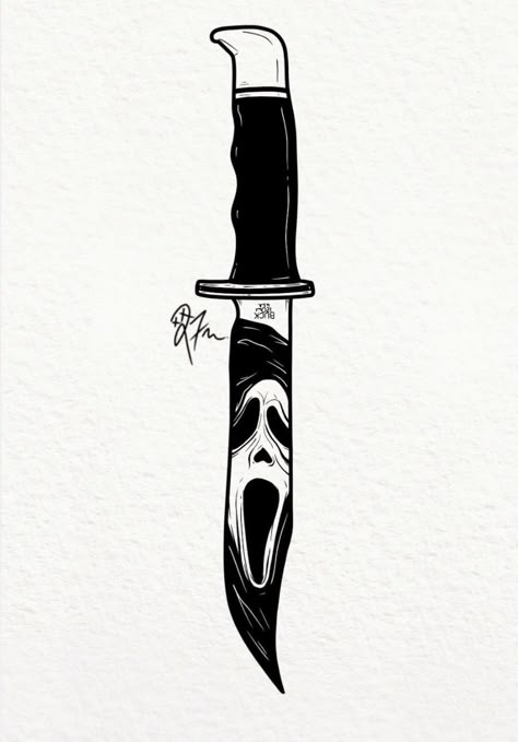 Knife Reflection Tattoo, Ghost Face Knife Tattoo Ideas, Movie Reference Tattoos, Ghostface Knife Drawing, Scream Knife Drawing, Ghostface Knife Tattoo, Scream Knife Tattoo, Chucky Knife, Dnd Tattoos