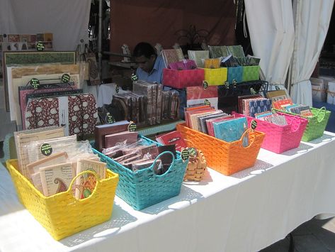 Display Cards For Sale, Booth Display Ideas, Market Stall Display, Colorful Basket, Basket Display, Craft Show Booths, Stall Display, Craft Show Booth, Craft Booth Display