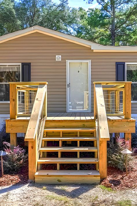 Mobile Home Front Door, Mobile Home Steps, Mobile Home Porches, Steps Storage, Dream Backyard Patio, Mobile Home Deck, Mobile Home Doors, Small Backyard Decks, New Mobile Homes