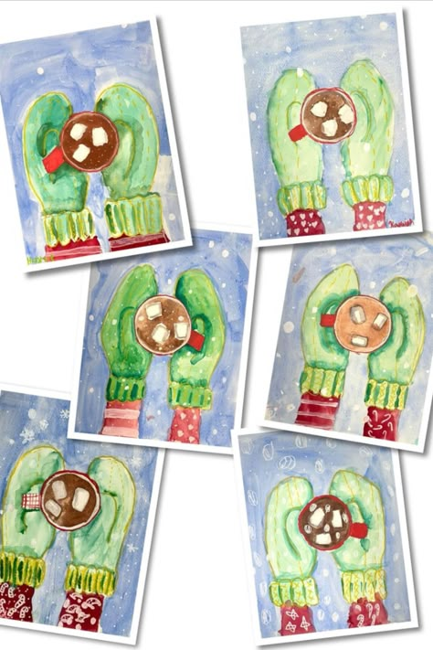 These cozy mittens and hot cocoa watercolor paintings were created by kids ages 7-11. They also used Posca paint markers for texture on the mittens and for the snow. Visit the link to see more of this winter art project for kids! Christmas Art Grade Two, Christmas Art Projects For Elementary Students, Collaborative Winter Art For Kids, Grade 4 Winter Art Projects, Simple Winter Art Projects For Kids, Grade 4 Winter Art, Winter Art Classroom, Upper Elementary Winter Crafts, Third Grade Winter Art Projects