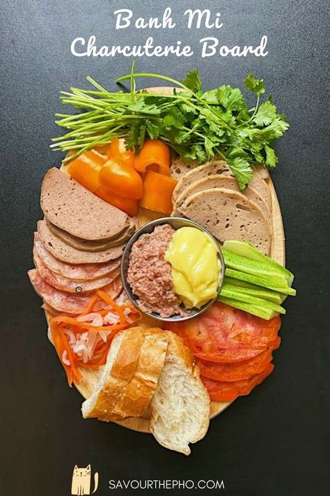 Vietnamese Banh Mi Charcuterie Board Vietnamese Platter, Food Charcuterie Board Ideas, Vietnamese Mayo, Banh Mi Charcuterie Board, Cold Cut Platter, Vietnamese Pork Roll, Vietnamese Sausage, Recipes Vietnamese, Banh Mi Recipe