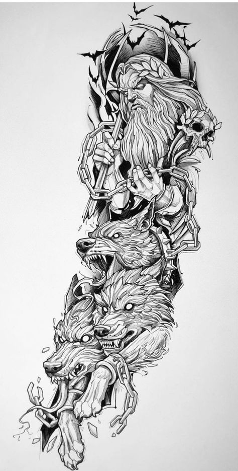 Hades Tattoo, Tattoos Sketches, Half Sleeve Tattoos Sketches, Viking Warrior Tattoos, Norse Mythology Tattoo, Viking Tattoo Sleeve, Half Sleeve Tattoos, Half Sleeve Tattoos Drawings, Wolf Tattoo Sleeve