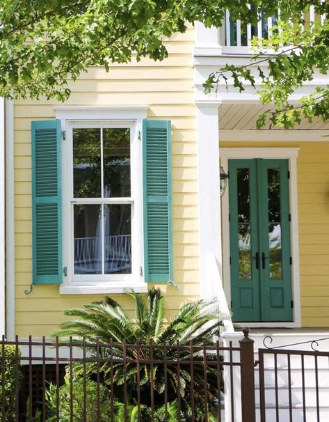 Two Tone House Exterior, Yellow Exterior House Colors, Yellow Victorian House, House Shutter Colors, Green House Paint, Coastal Home Design, City Backyard, Bahama Shutters, Shutter Colors