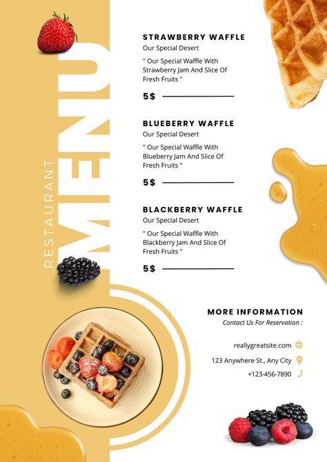 Orange White Modern Creative Waffles Menu - Templates by Canva Waffle Menu Design, Menu Template, Menu Design, Food Menu, Orange White, Instagram Feed, Waffles, Cafe, Packaging