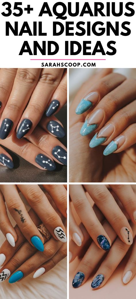 Explore and express your Aquarius spirit with these 35+ creative and unique Aquarius-inspired nail designs and ideas. Stand out from the crowd with your unique zodiac look! 💅✨ #AquariusNails #NailArt #ZodiacNails Aquarius Acrylic Nails, Aquarius Nail Designs, Aquarius Nail Art, Aquarius Nails Designs, Aquarius Nails, Aquarius Personality, Aquarius Symbol, Aquarius Aesthetic, Metallic Nail Art