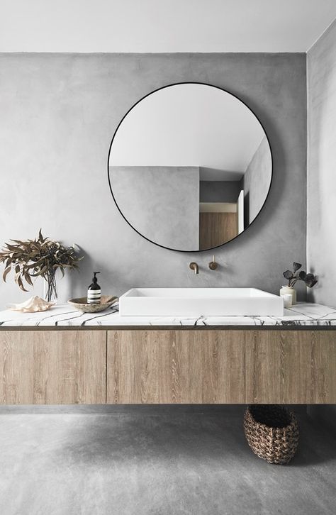 Polished Concrete Tiles, Wood Relief, Neoclassical Interior, Concrete Bathroom, Tile Wood, Bad Inspiration, Exposed Brick Walls, Modern Beach House, Beach House Interior