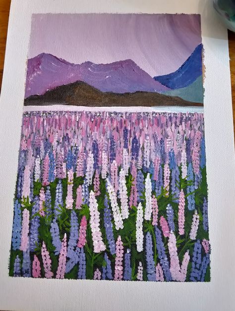 Lupin Painting Acrylic, Lupine Painting Acrylic, Flower Fields Drawing, Lupine Flowers Painting, Lupine Painting, Alaska Wildflowers, Flower Field Painting, City Paintings, Camping Drawing