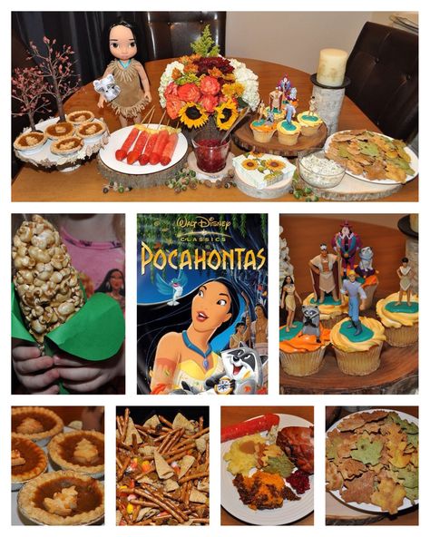 Disney Dinner and a Movie Night - Pocahontas Party. We had homemade baked tortilla chips in fall leaf shapes with dip, a traditional Thanksgiving Day dinner, Native American fry bread, fruit arrows, cranberry juice or Grandmother Willow's water from just around the river bend. Dessert was either a mini pumpkin pie or a Pocahontas character cupcake. Snack during the movie was trail mix (pretzel twigs, candy corn, raisins, sunflower seeds and teepee bugles) or carmel corn shaped into a corn husk. Disney Dinner And A Movie, Pocahontas Birthday Party, Native American Fry Bread, Pocahontas Character, Disney Movie Night Menu, Pocahontas Movie, Disney Themed Movie Night, Disney Movie Night Food, Mini Pumpkin Pie