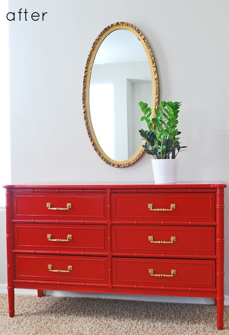 Red Dresser, Colourful Interiors, Red Furniture, Lacquer Furniture, Painted Furniture Colors, Chicago Fashion, Bamboo Furniture, Painted Dresser, Refurbished Furniture