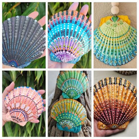 The Crafters Hive | Sharing some of my hand painted scallop shells.. | Facebook Painted Scallop Shell, Coastal Christmas Ornaments, Sea Glass Birds, Beach Shells, Seashell Painting, Shark Tooth, Coastal Christmas, Scallop Shells, Shell Art