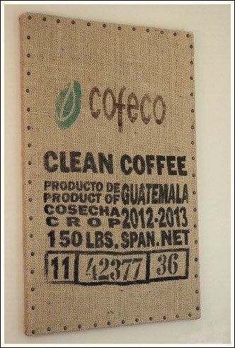 Coffee Bag Crafts, Coffee Bean Sacks, Burlap Coffee Bags, Modern Decorating, Coffee Bean Bags, Bronze Nails, Coffee Sacks, Burlap Projects, Burlap Sacks