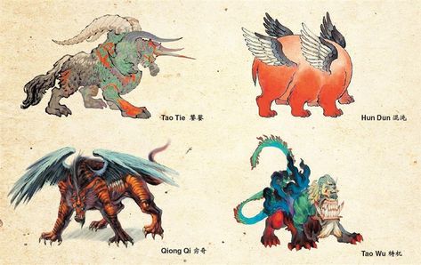 They are protectors and god-like creatures. They are the Four Evils The Four Evils are Tao Tie饕餮, Hun Dun混沌, Qiong Qi穷奇 and Tao Wu梼杌. Each holds evil characteristics such as encouraging greed, distorting truth, and making wars. The evil beasts’ names are still often referred to as metaphors out of superstition. Vermillion Bird, Celestial Animals, Azure Dragon, Group Of Four, Huge Dogs, Black Tortoise, Chinese Mythology, Mythical Beast, 다크 판타지