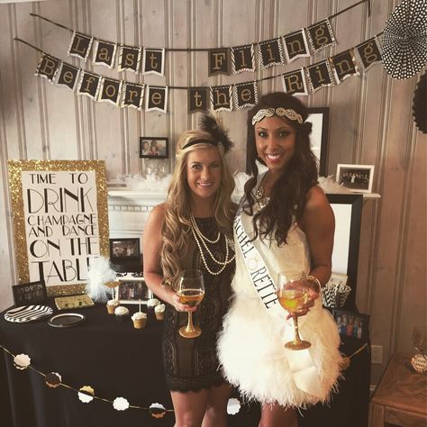 a gatsby bride and bridesmaid #bachelorette Gatsby Hens Party Ideas, Great Gatsby Hen Party, Gatsby Hen Party, Gatsby Themed Bachelorette Party, Gatsby Bridal Shower Theme, Roaring 20s Bridal Shower Ideas, 20s Bachelorette Party, Flapper Bachelorette Party, Speakeasy Bachelorette Party