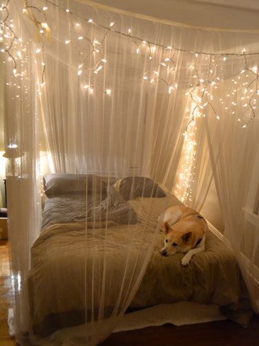 Get the tutorial for this fairy light canopy from Olive and Love #romanticbedrooms Canopy Bed Diy, Bedroom Sanctuary, Diy Canopy, Dekorasi Kamar Tidur, Bedroom Crafts, Romantic Bedroom, Bed Canopy, Room Redo, Canopy Bed