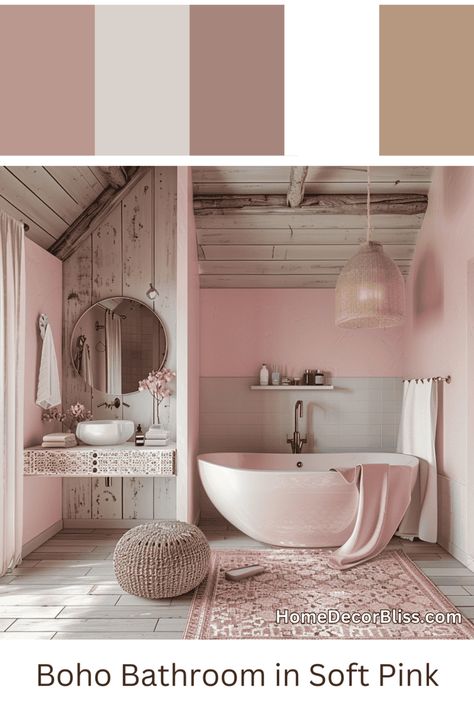 Boho Bathroom: Pink-Toned Oasis with Woven Accents Chic Living Room Design, Color Curtains, Boho Bathroom Ideas, Best Living Room Design, Bohemian Bathroom, Wooden Ceiling, Curated Decor, Living Room Design Inspiration, Wallpaper Walls Decor