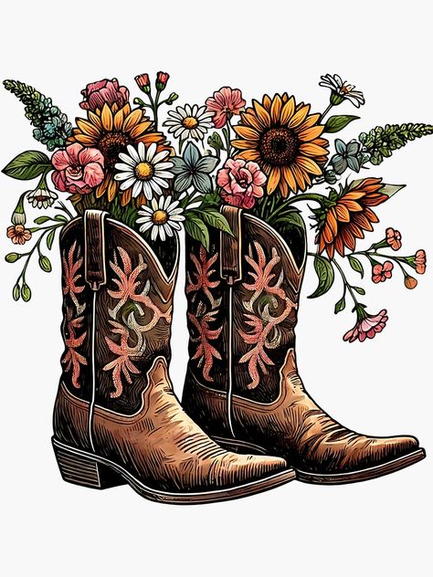 "Cowgirl boots flower bouquet " Sticker for Sale by MellowPeach Cowgirl Hat With Flowers, Cowgirl Boot Flower Tattoo, Cowboy Boot With Sunflower Tattoo, Cowboy Boots With Flowers, Cowgirl Boot With Flowers Tattoo, Cowgirl Boots And Flowers, Truck With Flowers, Boots With Flowers In Them, Boots With Flowers Painting