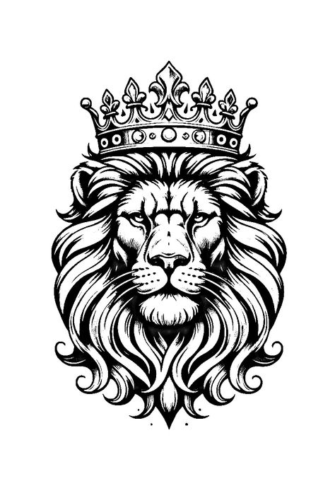 King Tattoo Men, Lion Crown Tattoo, Lion With Crown Tattoo, Lion With A Crown, Crown Tattoo Men, Short Hair Brown, Bleach Shirt Diy, Tiger Tattoo Design, Lion Artwork