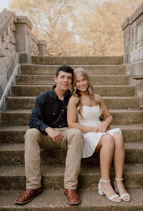 Couple Photoshoot On Stairs, Couple Stair Poses, Couple Photos On Staircase, Couple Pose Stairs, Sitting Poses Couples, Couple Sitting On Steps Poses, Couple Shoot On Stairs, Stair Photoshoot, Stairs Poses