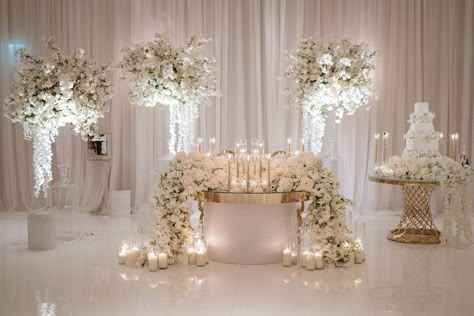 Pin on Event hall ideas Peonies Arrangements Wedding, White Luxe Wedding, Mr And Mrs Table Wedding Elegant, Alfond Inn Wedding, Sweet Heart Table Florals, Elegant Wedding Stage Decor, Bride Table Decoration, Sweetheart Table Wedding Elegant, White Wedding Decor Elegant