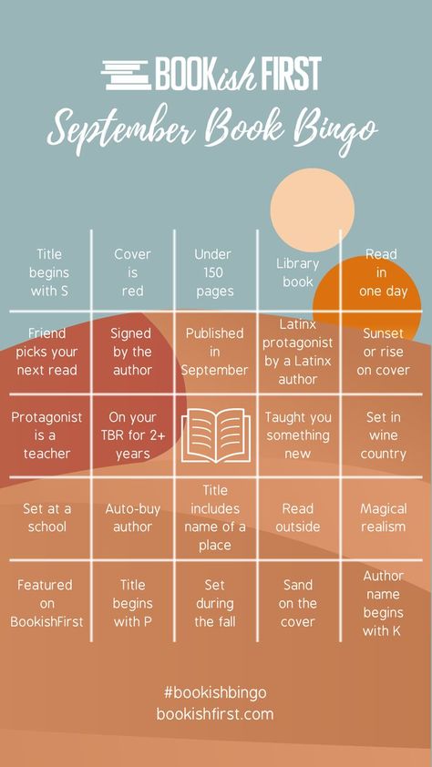 A bingo board with a blue and orange background that looks like the sand dunes. The prompts are all bookish and related to reading challenges. Bookish Bingo, School Library Book Displays, Book Bingo, September Reading, October Reading, Reading Bingo, Book Review Journal, Ya Fantasy Books, Tbr Pile