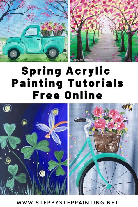 Learn to paint spring theme acrylic paintings on canvas! These acrylic painting tutorials are all free and online. Be guided through each step and render a painting you will be proud of. Spring time is a beautiful subject to paint full of pastel palettes, flowers & cheerful green scenery! #traciekiernan #stepbysteppainting #spingpaintings Diy Spring Painting Canvas, How To Paint A Fence On Canvas, Canvas Painting Ideas Spring, Spring Time Paintings, May Painting Ideas, Easy Spring Canvas Painting, Spring Paint Party Ideas, Free Acrylic Painting Tutorials, Easter Acrylic Painting Easy